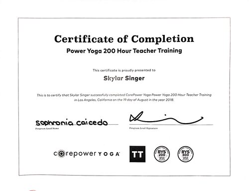 Power Yoga 200-Hour Teacher Training certificate